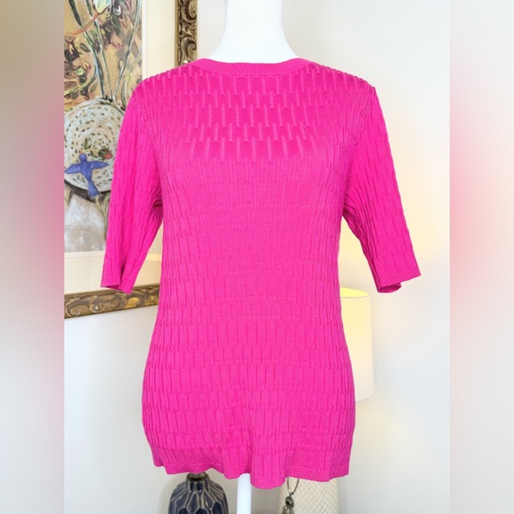 Elie Tahari Women’s Sweater Large Hot Pink Textured Knit Short Sleeve Top - Picture 2 of 9